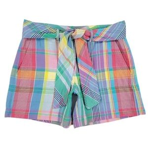 Ralph Lauren Multicolor Plaid Mid Waist Linen Blend Shorts Size 8